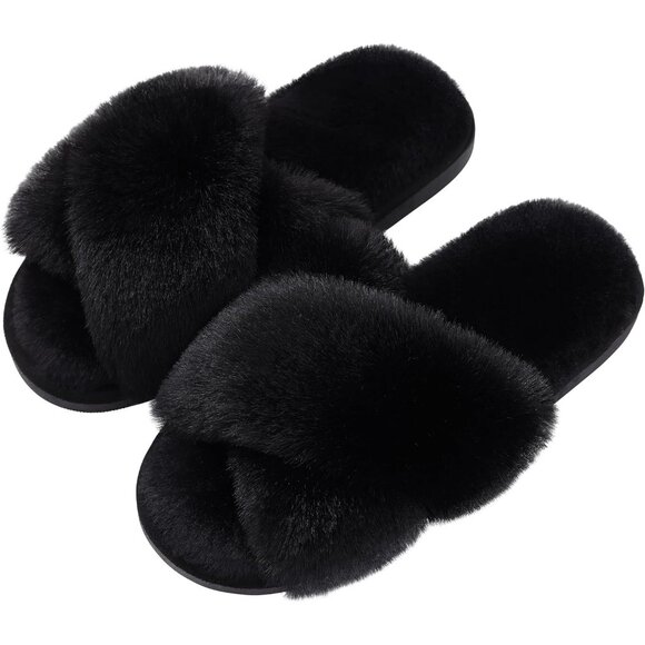 Women's Black Fuzzy Slippers Cross Band Memory Foam Faux-fur Open Toe Shoes - Picture 3 of 9